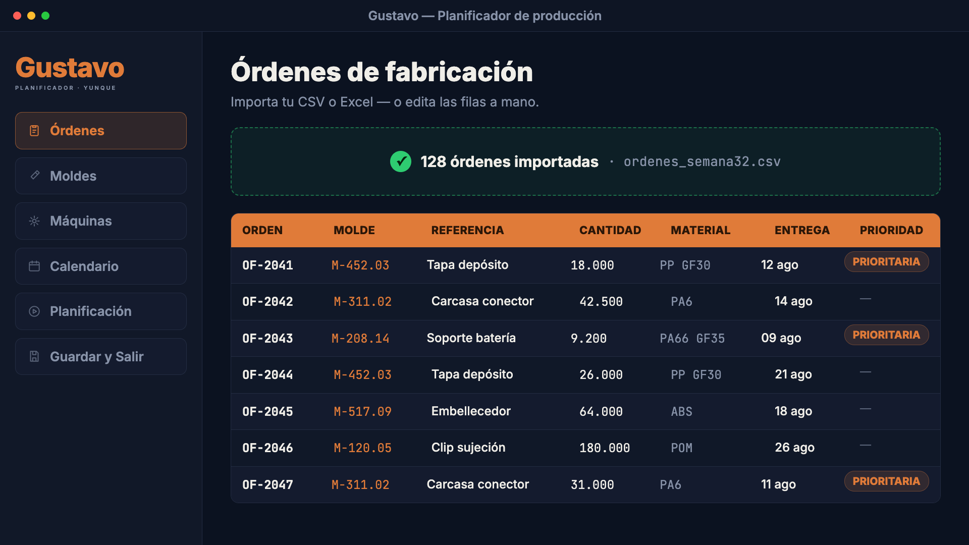 Importar órdenes de fabricación en GUSTAVO