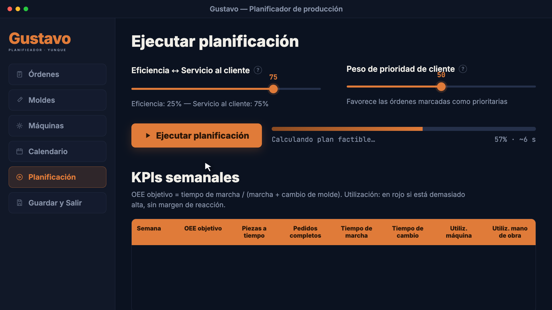 Motor de planificación ejecutándose en GUSTAVO